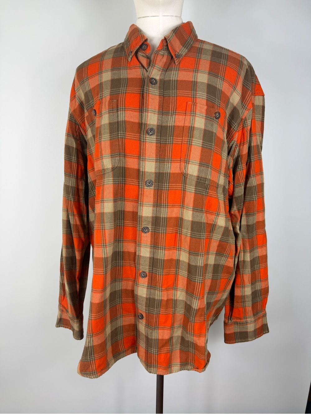 Duluth Trading Co Orange and brown Plaid Button-Down flannel Shirt XL